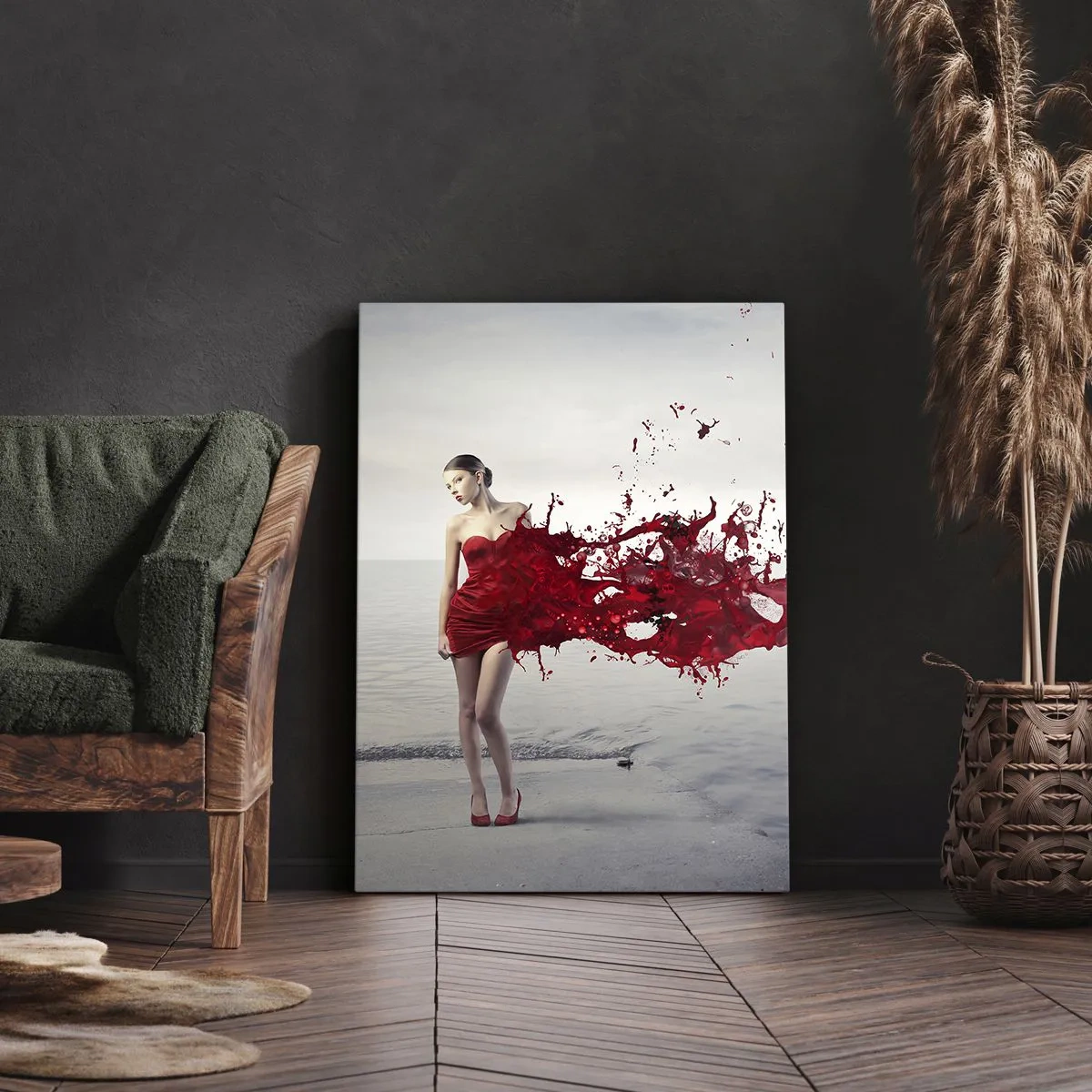 Impression sur toile - Image sur toile - Une femme en robe rouge dans une composition artistique au bord de l'eau - 70x100cm - Passionné comme l'écarlate - Décoration murale moderne pour le salon et la chambre ARTTOR