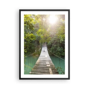 Affiche dans un cadre noir - Poster - Pont en bois dans une forêt tropicale avec des rayons de soleil - 50x70cm - De l'eau azur à la forêt azur - Décoration murale moderne pour le salon et la chambre ARTTOR