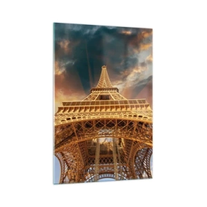 Impression sur verre - Image sur verre - La Tour Eiffel vue d'en bas sur fond de soleil couchant - 70x100cm - Comment l'humanité a atteint le ciel - Décoration murale moderne pour le salon et la chambre ARTTOR