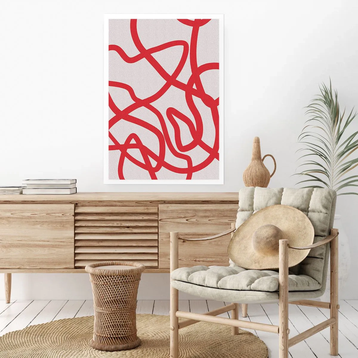 Affiche - Poster - Composition abstraite de lignes rouges dynamiques sur fond clair. - 50x70cm - Rouge sur blanc - Décoration murale moderne pour le salon et la chambre ARTTOR