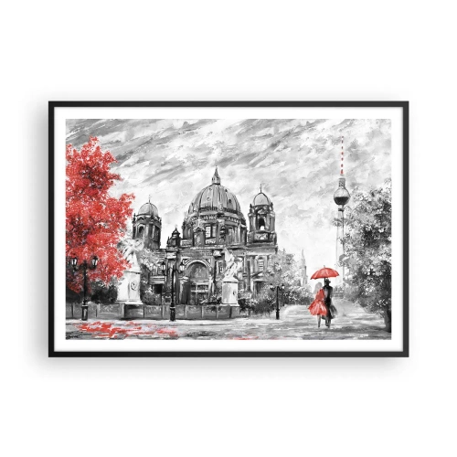 Affiche dans un cadre noir - Poster - Scène en noir et blanc avec Berlin, un parapluie rouge et un arbre - 100x70cm - Rencontre berlinoise - Décoration murale moderne pour le salon et la chambre ARTTOR