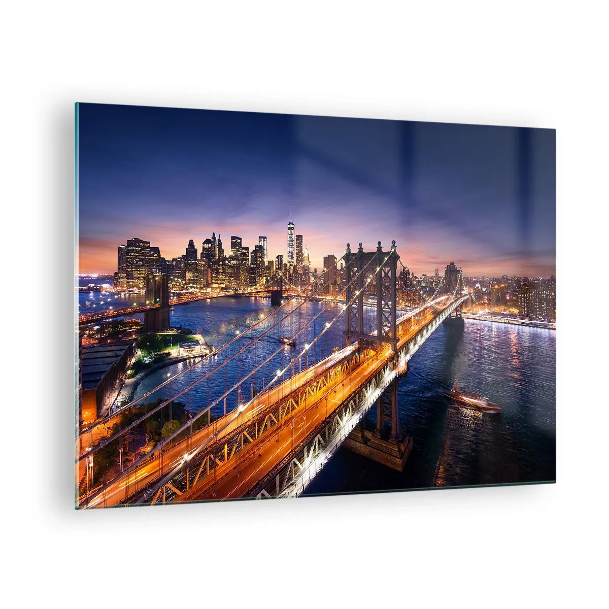 Impression sur verre - Image sur verre - Le pont sur fond de panorama urbain nocturne avec des gratte-ciel illuminés - 70x50cm - Un pont lumineux au cœur de la ville - Décoration murale moderne pour le salon et la chambre ARTTOR