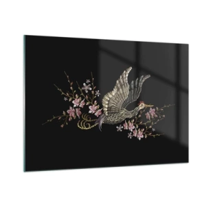 Impression sur verre - Image sur verre - Oiseau brodé en vol avec des fleurs en arrière-plan sur un fond sombre - 100x70cm - Oiseau brodé exotique - Décoration murale moderne pour le salon et la chambre ARTTOR