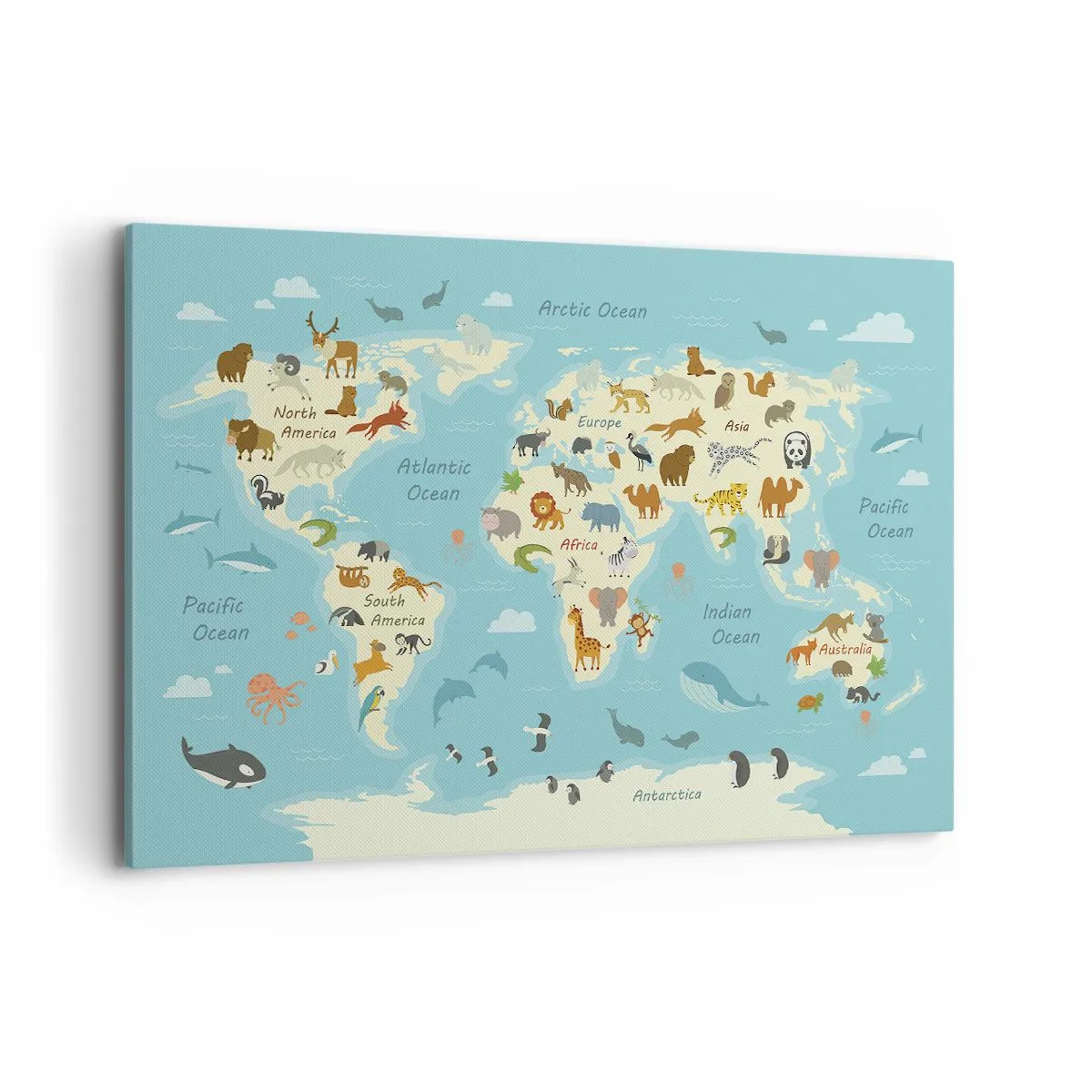 Impression sur toile - Image sur toile - Carte du monde avec des illustrations d'animaux - 120x80cm - De bons voisins - Décoration murale moderne pour le salon et la chambre ARTTOR