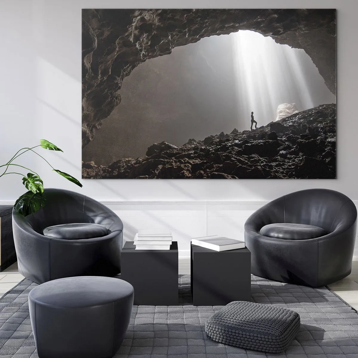 Impression sur verre - Image sur verre - Une figure dans une grotte éclairée par des rayons de lumière, entourée de rochers sombres - 70x50cm - Grotte lumineuse - Décoration murale moderne pour le salon et la chambre ARTTOR
