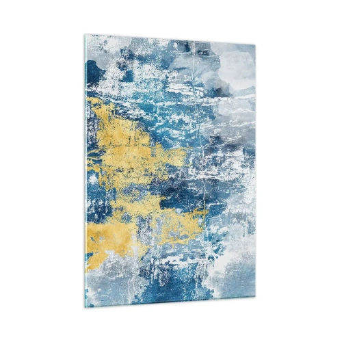 Impression sur verre - Image sur verre - Abstraction bleue et jaune avec un effet vieilli et texturé - 50x70cm - Abstraction du temps - Décoration murale moderne pour le salon et la chambre ARTTOR