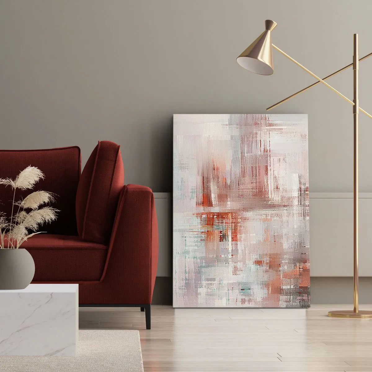 Impression sur toile - Image sur toile - Une composition abstraite avec des nuances de rouge et de couleurs pastel. - 50x70cm - Brumeux. Mais rose - Décoration murale moderne pour le salon et la chambre ARTTOR