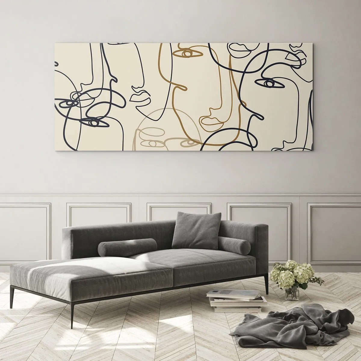 Impression sur verre - Image sur verre - Visages minimalistes au trait sur fond clair - 120x50cm - Portrait multiplié - Décoration murale moderne pour le salon et la chambre ARTTOR