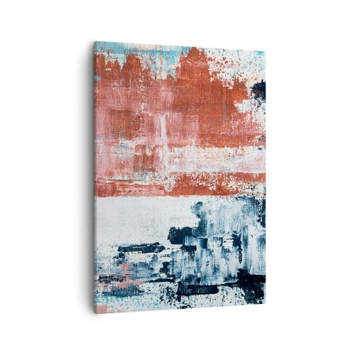 Impression sur toile - Image sur toile - Abstraction aux couleurs blanc, bleu et brique - 50x70cm - Moitié-moitié abstrait - Décoration murale moderne pour le salon et la chambre ARTTOR