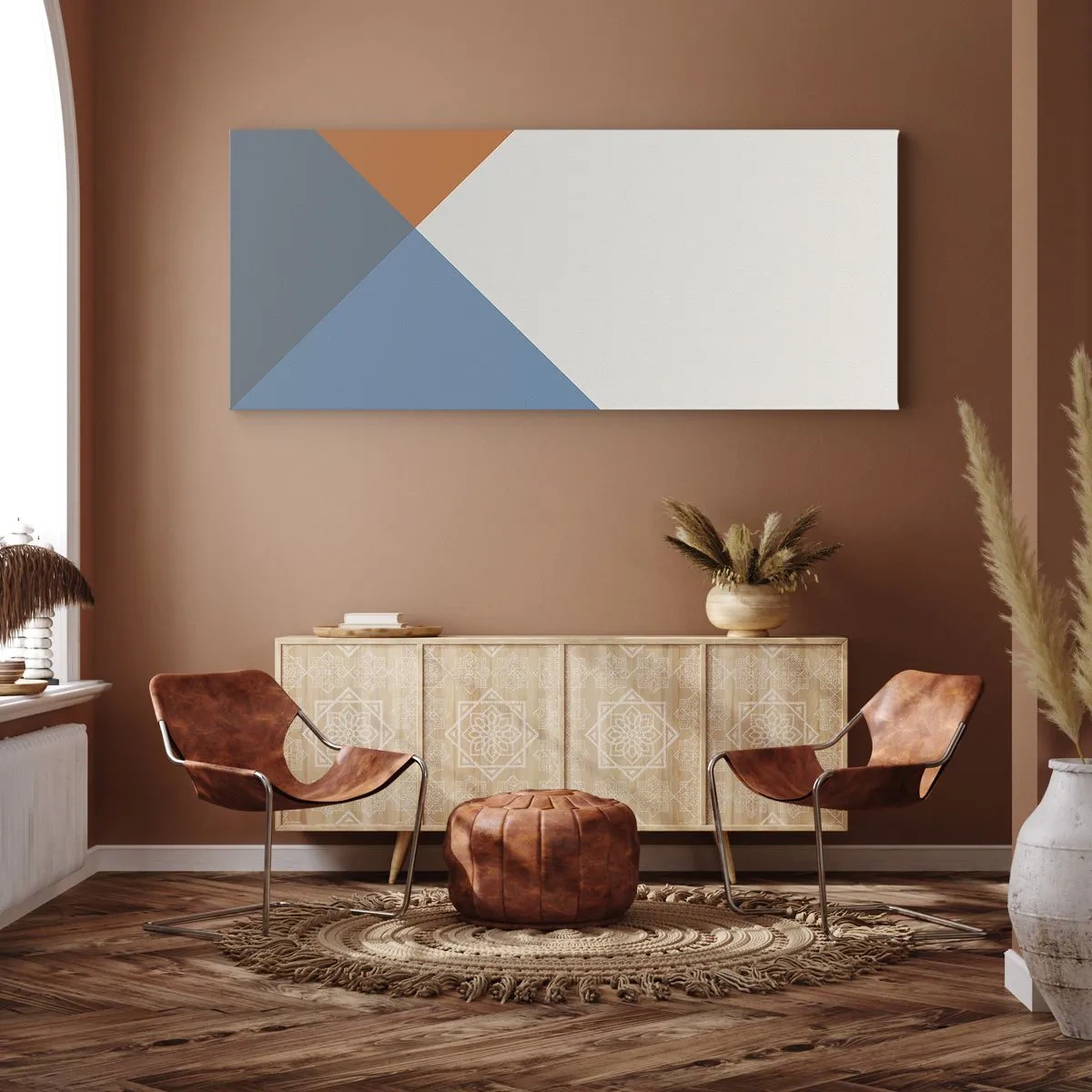 Impression sur toile - Image sur toile - Triangles géométriques dans les tons de bleu et d'orange - 160x50cm - Sous cette angle.... - Décoration murale moderne pour le salon et la chambre ARTTOR
