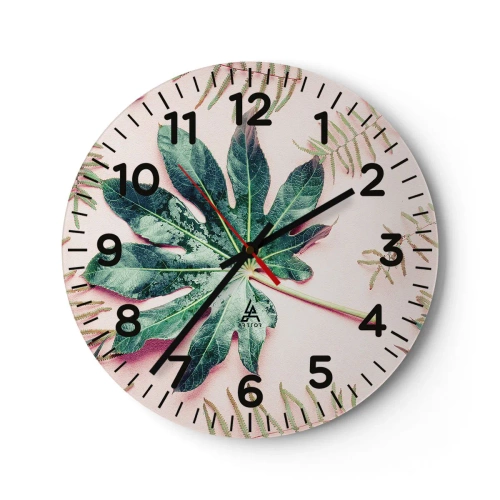 Horloge murale - Pendule murale - Étude de verdure sur fond rose - 40x40 cm