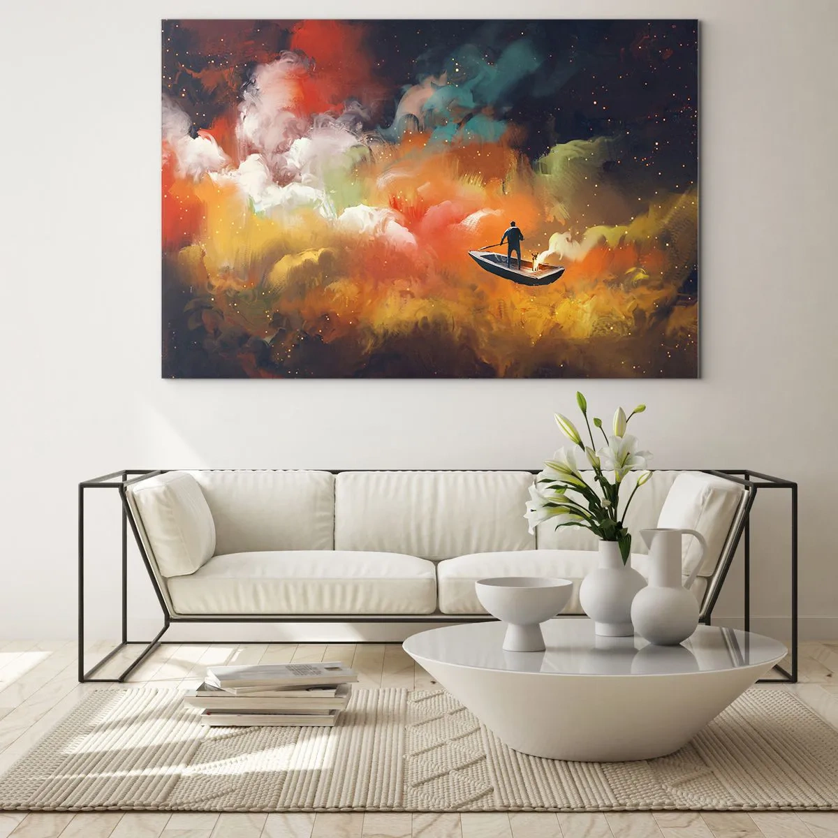 Impression sur verre - Image sur verre - Une silhouette sur un bateau flottant parmi des nuages galactiques colorés - 100x70cm - En bateau à travers la galaxie - Décoration murale moderne pour le salon et la chambre ARTTOR