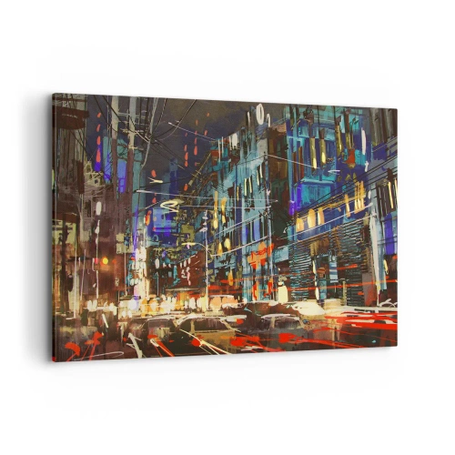 Impression sur toile - Image sur toile - Scène nocturne de la ville avec des néons - 100x70cm - L'agitation de la rue en soirée - Décoration murale moderne pour le salon et la chambre ARTTOR
