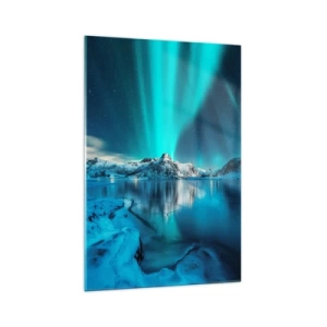 Impression sur verre - Image sur verre - Aurore boréale sur des montagnes enneigées et un lac - 70x100cm - Nuit de lumières - Décoration murale moderne pour le salon et la chambre ARTTOR