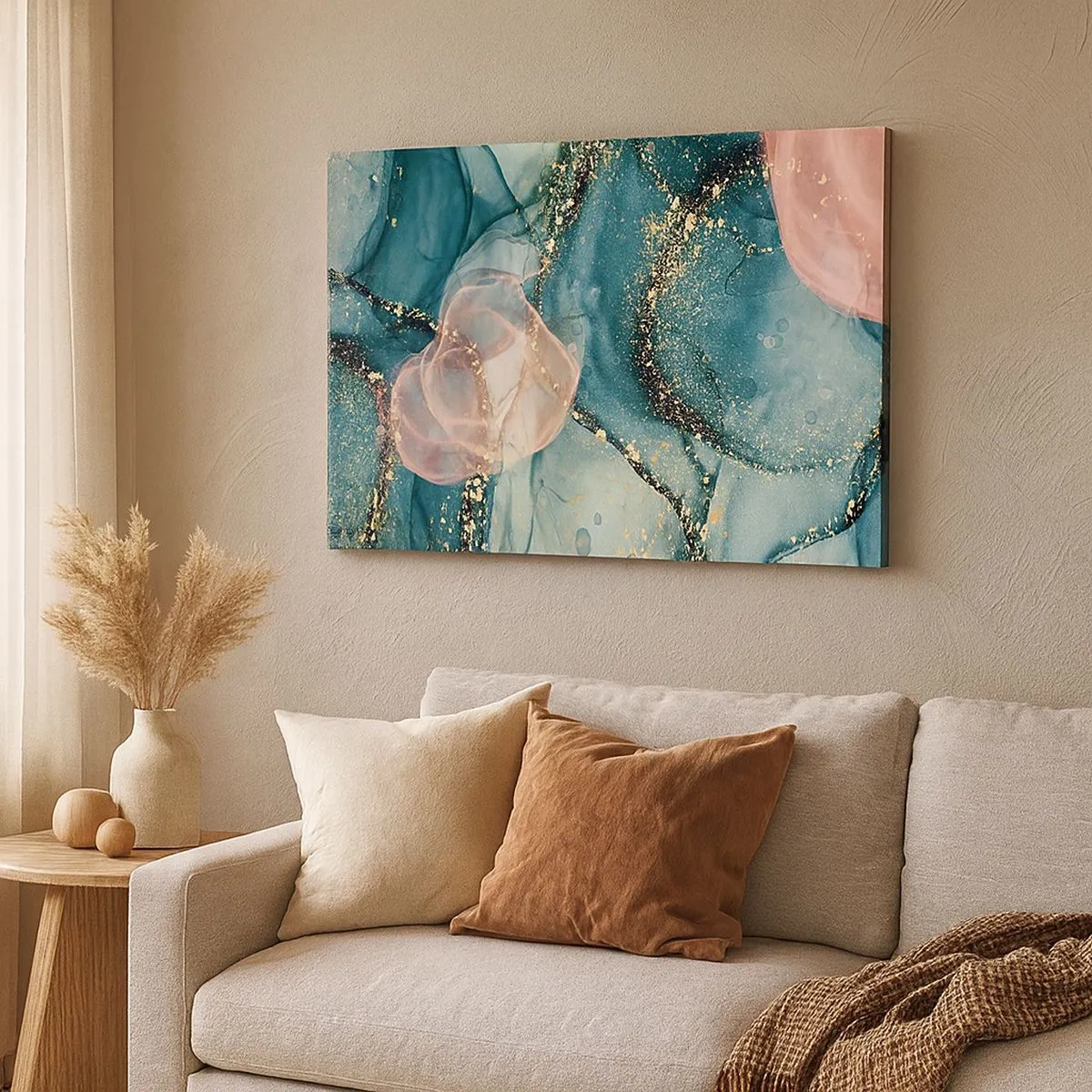 Impression sur toile - Image sur toile - Une composition abstraite dans des tons turquoise et or. - 70x50cm - Soie bleu, tulle rose - Décoration murale moderne pour le salon et la chambre ARTTOR
