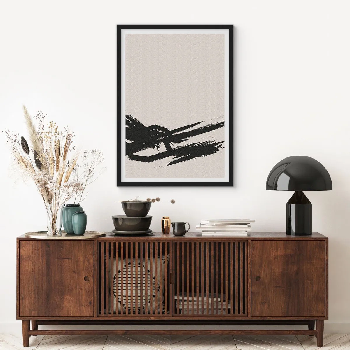 Affiche dans un cadre noir - Poster - Abstraction dynamique avec un coup de pinceau en noir - 50x70cm - Ruée imparable - Décoration murale moderne pour le salon et la chambre ARTTOR