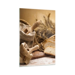 Impression sur verre - Image sur verre - Un paysage avec du pain, de la farine et des épis de blé dans un style rustique. - 70x100cm - Comment il coupe avec un couteau - Décoration murale moderne pour le salon et la chambre ARTTOR