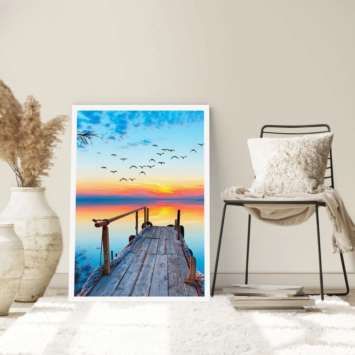 Affiche - Poster - Jetée au bord du lac au coucher du soleil - 50x70cm - Il est temps de rentrer... - Décoration murale moderne pour le salon et la chambre ARTTOR