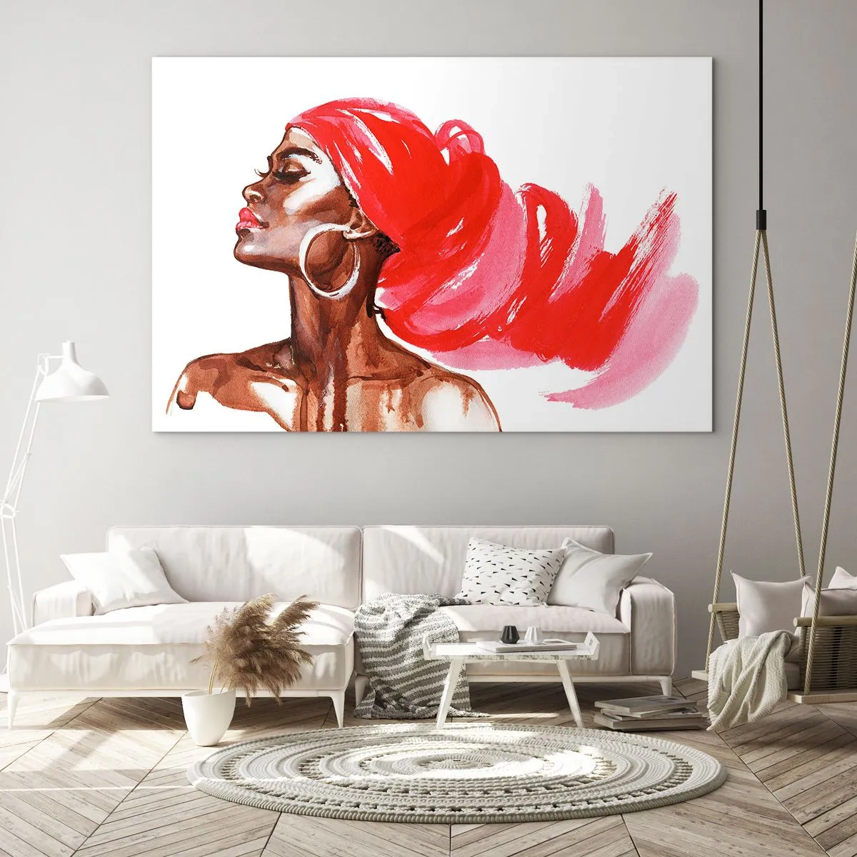 Impression sur verre - Image sur verre - Portrait à l'aquarelle d'une femme au turban rouge - 100x70cm - "Les cheveux dans le vent" - Décoration murale moderne pour le salon et la chambre ARTTOR