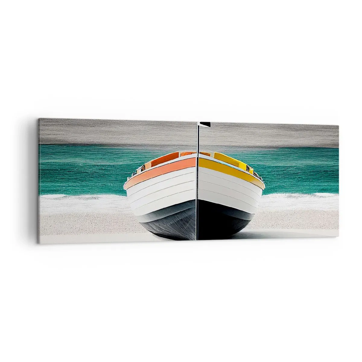 Impression sur toile - Image sur toile - Un bateau sur la plage avec une mer turquoise en arrière-plan - 140x50cm - A sa place - Décoration murale moderne pour le salon et la chambre ARTTOR
