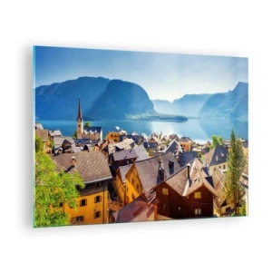 Impression sur verre - Image sur verre - Une ville pittoresque au bord d'un lac entouré de montagnes - 70x50cm - ça ne pourrait pas être plus pittoresque - Décoration murale moderne pour le salon et la chambre ARTTOR
