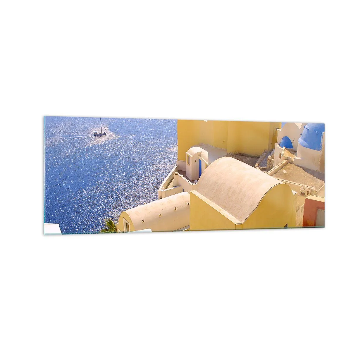 Impression sur verre - Image sur verre - Architecture grecque avec vue sur la mer et un bateau en arrière-plan - 140x50cm - Paysage grec en blanc et bleu ciel - Décoration murale moderne pour le salon et la chambre ARTTOR