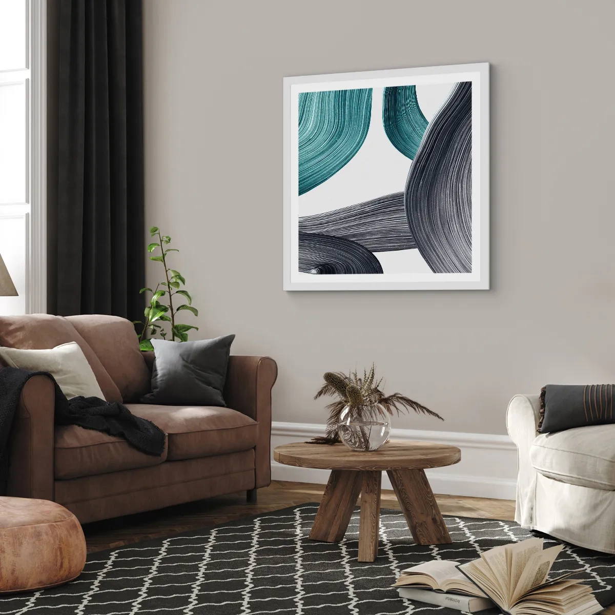 Affiche dans un cadre blanc - Poster - Sentiers émeraude et noirs - 60x60 cm