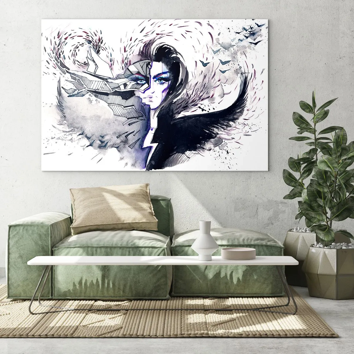 Impression sur verre - Image sur verre - Portrait abstrait avec des éléments dynamiques et du noir - 70x50cm - Démoniaque et belle - Décoration murale moderne pour le salon et la chambre ARTTOR