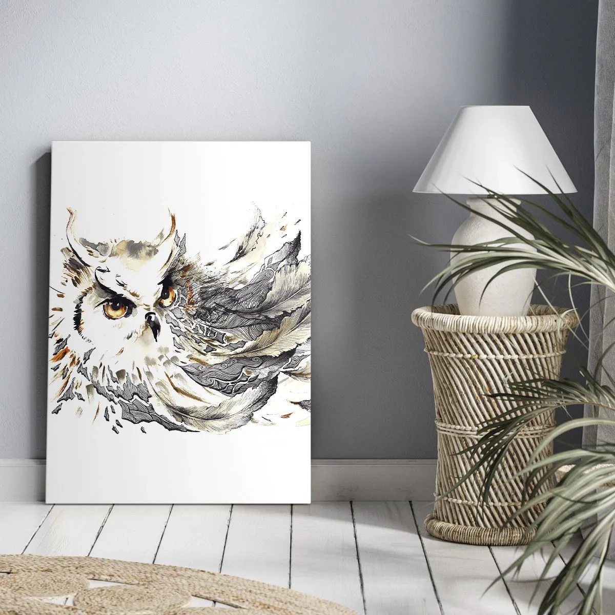 Impression sur toile - Image sur toile - Un hibou aux plumes mystiques sous forme d'aquarelle artistique - 50x70cm - Elle vient du monde de la magie - Décoration murale moderne pour le salon et la chambre ARTTOR