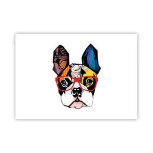 Affiche - Poster - Bouledogue dans une illustration colorée avec des lunettes rouges - 100x70cm - Intellectuel - Décoration murale moderne pour le salon et la chambre ARTTOR