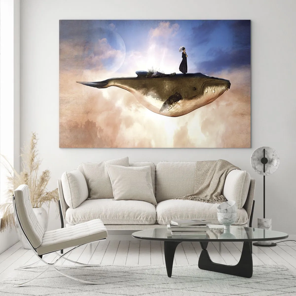 Impression sur verre - Image sur verre - Une baleine fantastique flottant dans les nuages avec une femme sur le dos. - 100x70cm - Voyage irréel - Décoration murale moderne pour le salon et la chambre ARTTOR