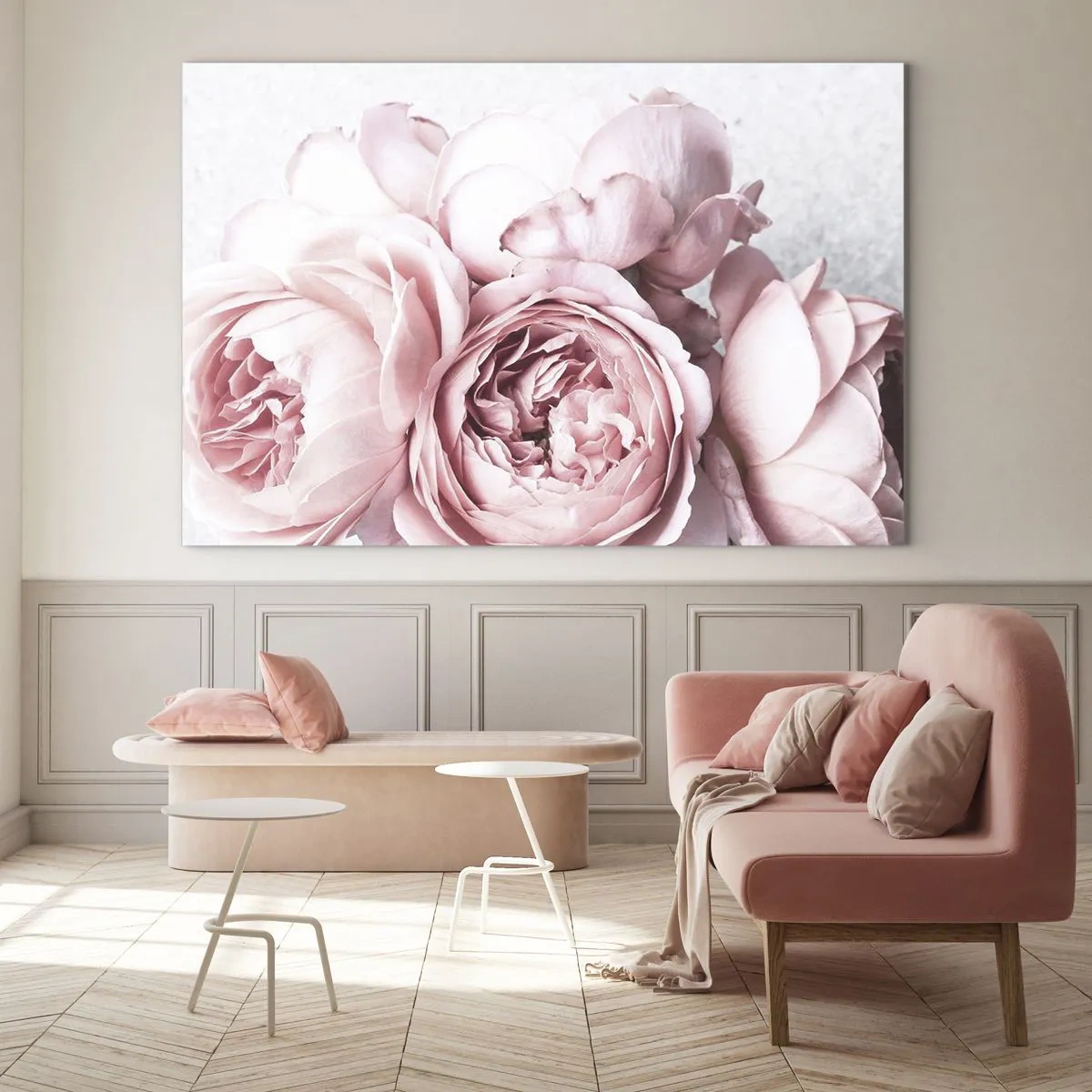 Impression sur verre - Image sur verre - Gros plan de fleurs de pivoine roses dans une lumière douce - 70x50cm - Pour les romantiques - Décoration murale moderne pour le salon et la chambre ARTTOR