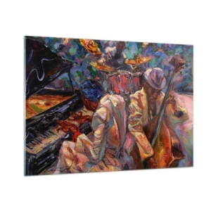Impression sur verre - Image sur verre - Une scène de jazz colorée avec des musiciens et des instruments - 100x70cm - Dans le même tempo - Décoration murale moderne pour le salon et la chambre ARTTOR