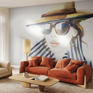 Papier Peint Photo Premium Canvas - Portrait d'une femme portant un chapeau et des lunettes de soleil - 100x70cm - La Floride vous souhaite la bienvenue ! - Décoration murale moderne pour le salon et la chambre ARTTOR