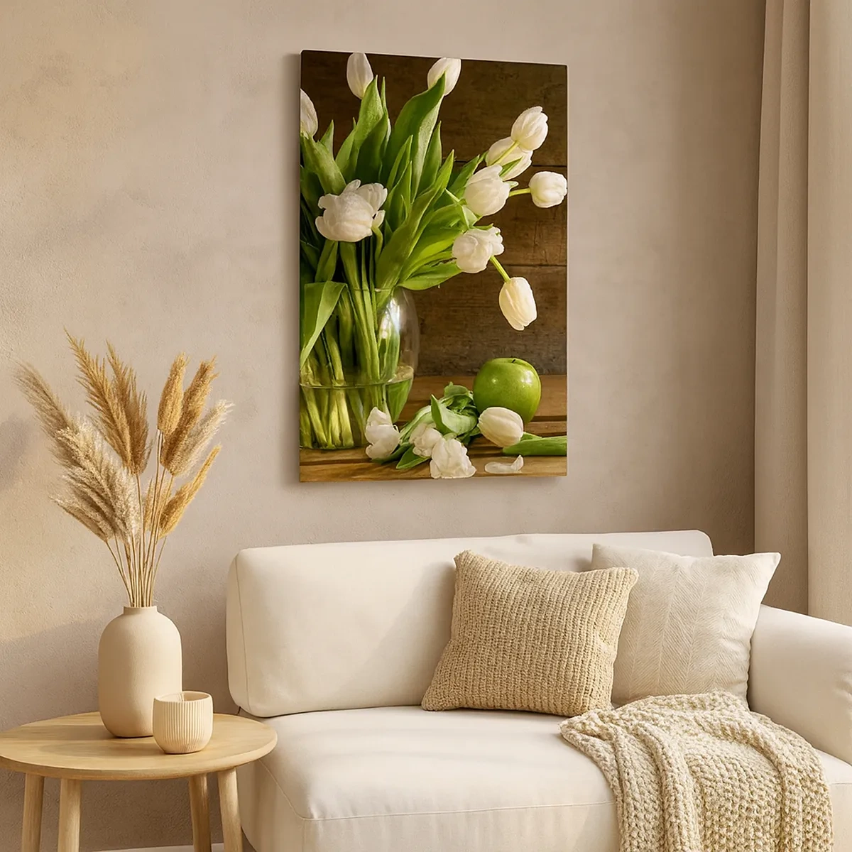 Impression sur toile - Image sur toile - Un bouquet de tulipes blanches dans un vase en verre avec des pommes vertes - 50x70cm - Juteux et frais en vert et blanc - Décoration murale moderne pour le salon et la chambre ARTTOR