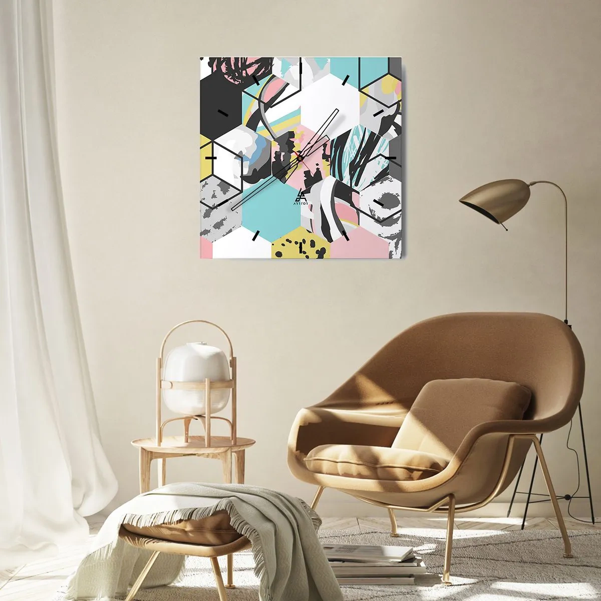 Horloge murale - Pendule murale - Hexagones et cubes en six couleurs - 40x40 cm