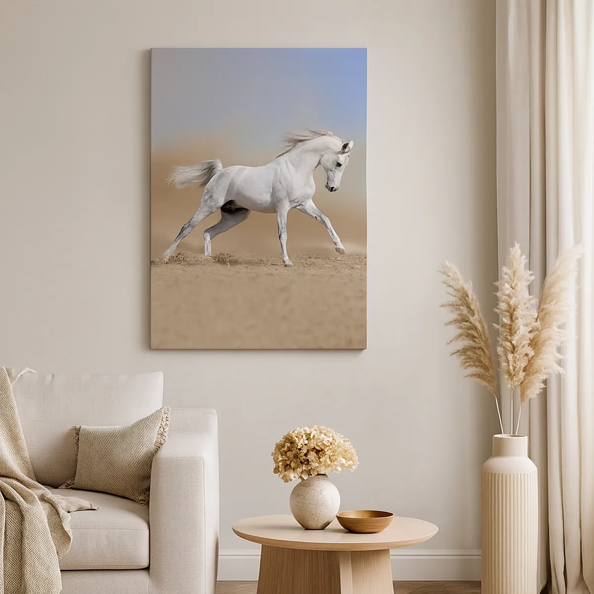 Impression sur toile - Image sur toile - Un cheval blanc galopant à travers un paysage désertique - 50x70cm - Le plus beau conte de fées arabe - Décoration murale moderne pour le salon et la chambre ARTTOR