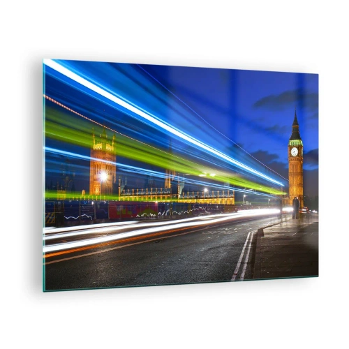 Impression sur verre - Image sur verre - Big Ben la nuit avec des phares de voiture flous - 70x50cm - Sous l'œil de Big Ben - Décoration murale moderne pour le salon et la chambre ARTTOR