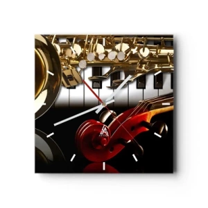 Horloge murale - Pendule murale - Un saxophone doré, des touches de piano et un violon rouge - 30x30cm - Tôle, bois et ivoire - Décoration murale moderne pour le salon et la chambre ARTTOR