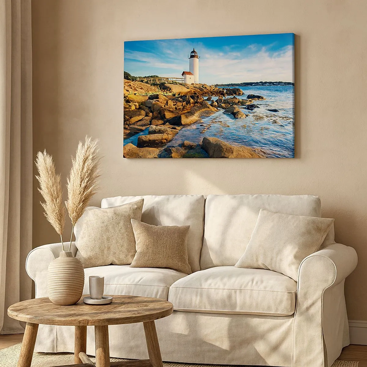 Impression sur toile - Image sur toile - Un phare sur une côte rocheuse par une journée ensoleillée - 70x50cm - Revenez heureux, j'attends - Décoration murale moderne pour le salon et la chambre ARTTOR