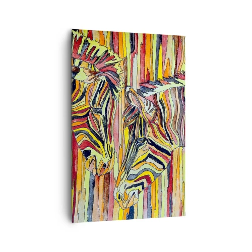 Impression sur toile - Image sur toile - Zèbres colorés sur fond de rayures abstraites - 80x120cm - Et donc toi aussi... - Décoration murale moderne pour le salon et la chambre ARTTOR