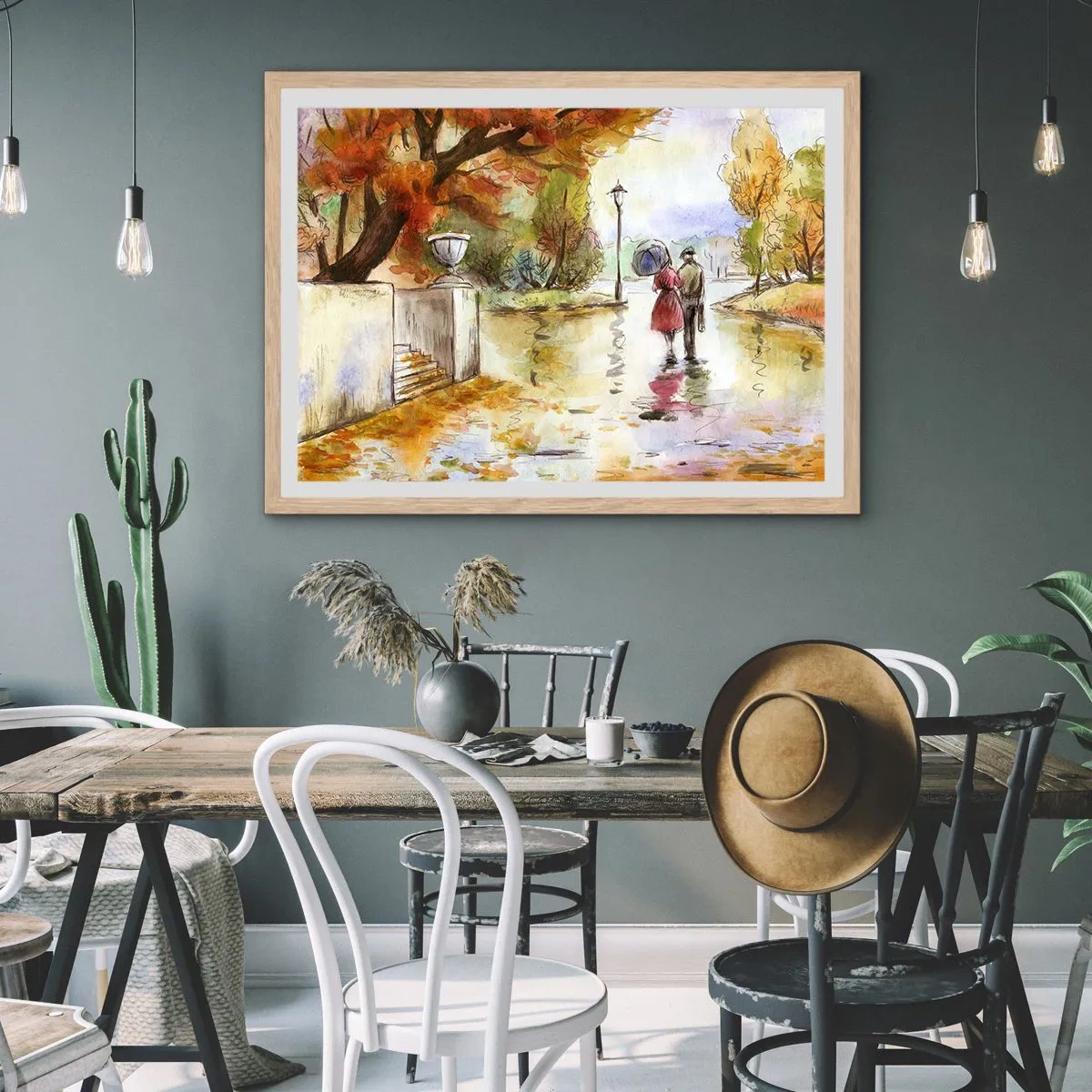 Affiche dans un chêne clair - Poster - Automne romantique dans le parc - 100x70 cm