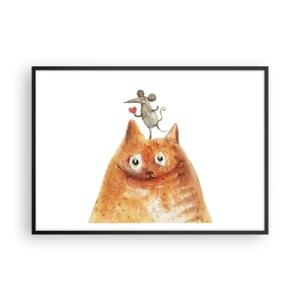 Affiche dans un cadre noir - Poster - Un dessin d'un chat avec une souris sur la tête tenant un cœur - 100x70cm - Amour paradoxal - Décoration murale moderne pour le salon et la chambre ARTTOR