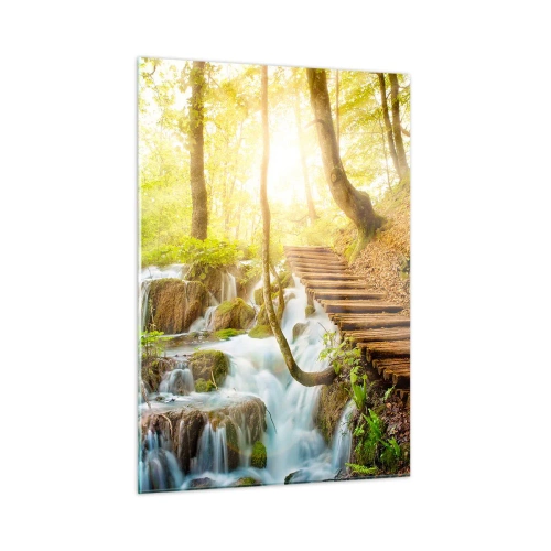Impression sur verre - Image sur verre - Une cascade forestière avec un chemin en bois éclairé par la lumière du soleil - 50x70cm - Une fraîcheur tant désirée - Décoration murale moderne pour le salon et la chambre ARTTOR