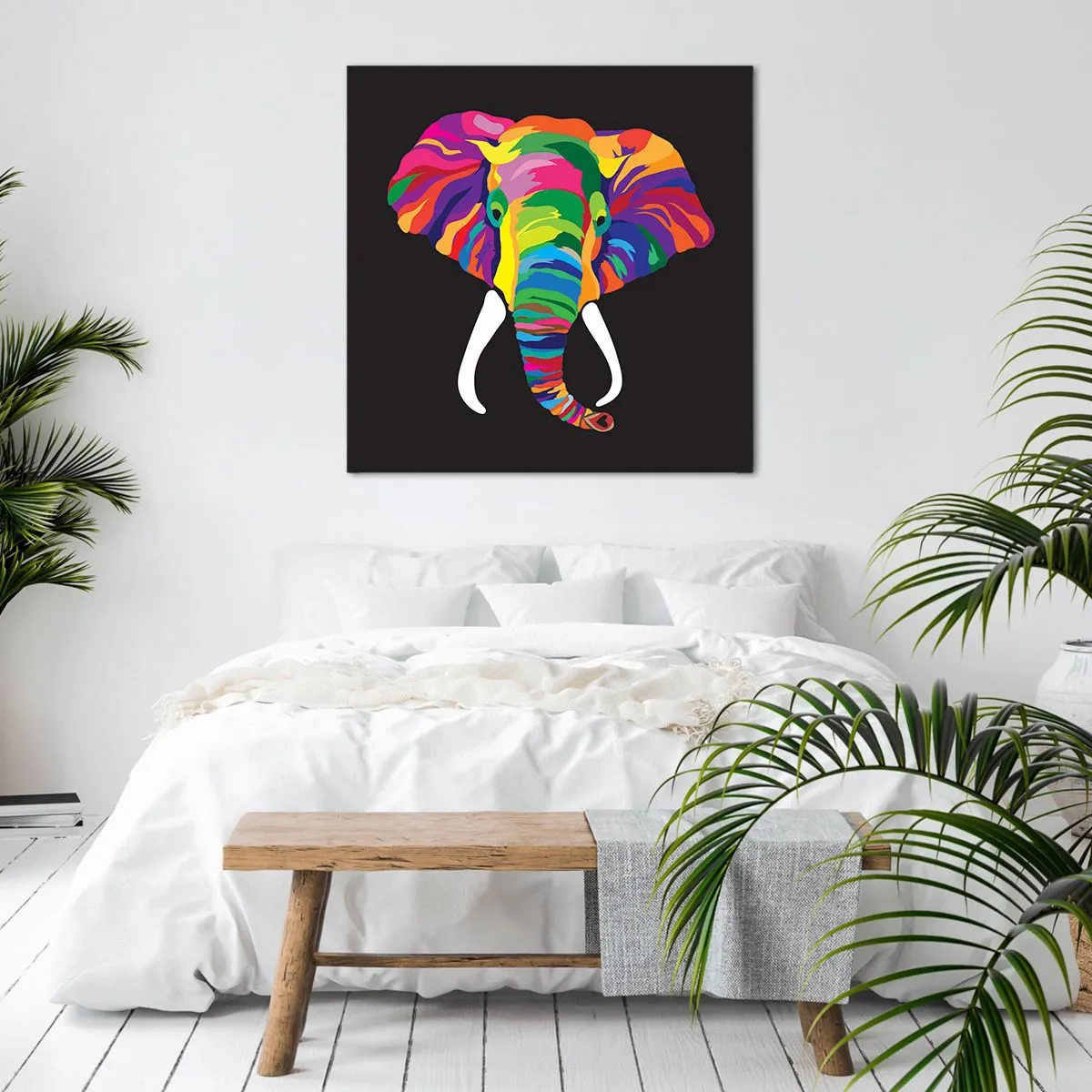 Impression sur toile - Image sur toile - L'éléphant qui aimait se baigner dans un arc-en-ciel - 50x50 cm