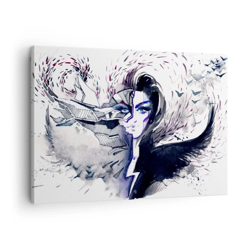 Impression sur toile - Image sur toile - Visage abstrait avec des éléments contrastés et un motif d'aile - 70x50cm - Démoniaque et belle - Décoration murale moderne pour le salon et la chambre ARTTOR