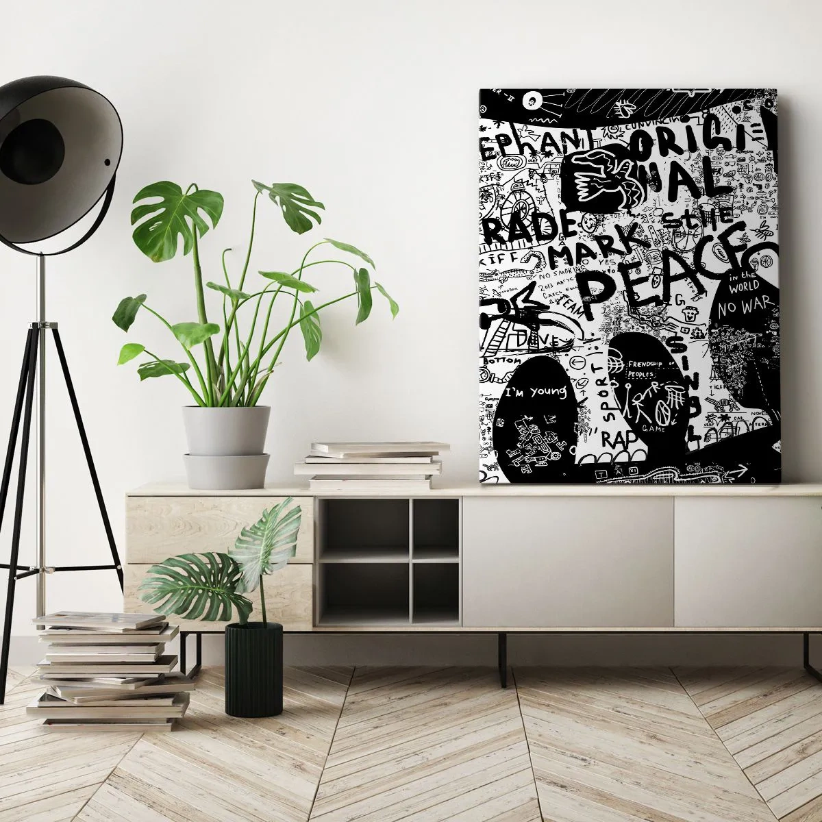 Impression sur toile - Image sur toile - Graphiques en noir et blanc avec des motifs graffitis - 50x70cm - La richesse des rues - Décoration murale moderne pour le salon et la chambre ARTTOR