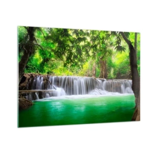 Impression sur verre - Image sur verre - Une cascade dans une forêt tropicale avec une eau cristalline - 100x70cm - Une cascade de vert - Décoration murale moderne pour le salon et la chambre ARTTOR