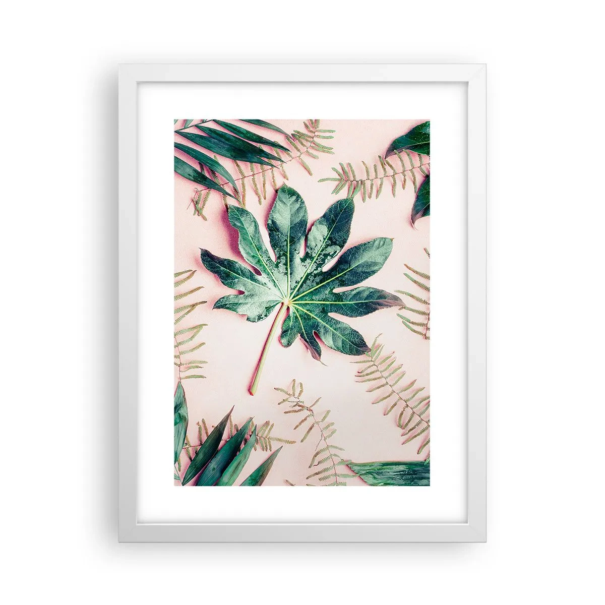 Affiche dans un cadre blanc - Poster - Étude de verdure sur fond rose - 30x40 cm