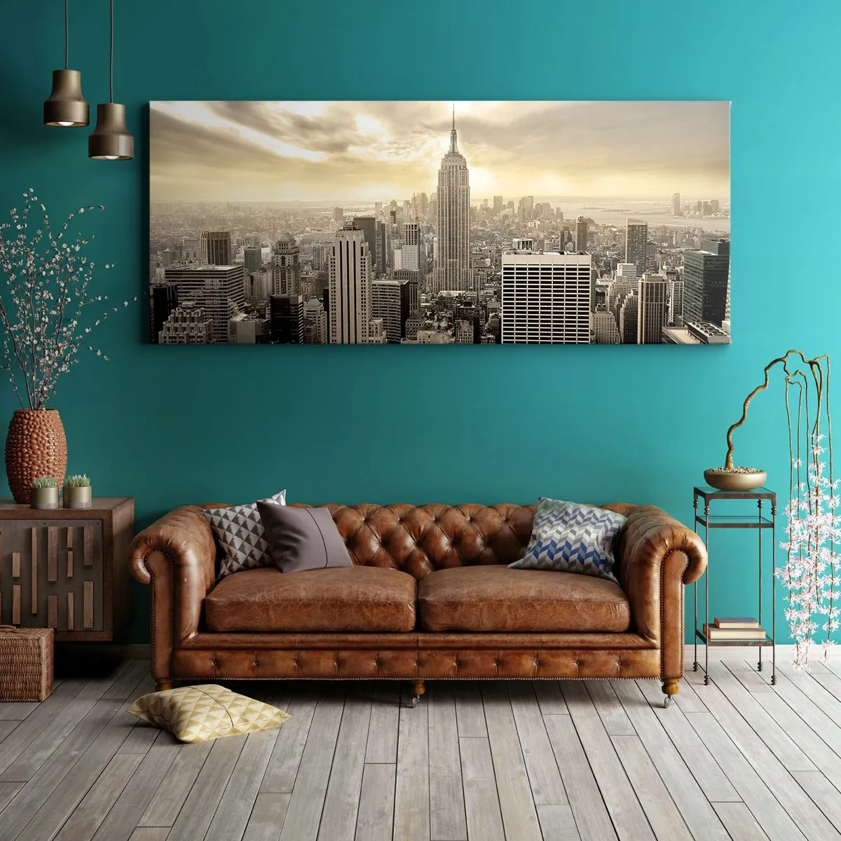 Impression sur toile - Image sur toile - Panorama de la ville avec vue sur l'Empire State Building - 160x50cm - New York tissé de gris - Décoration murale moderne pour le salon et la chambre ARTTOR
